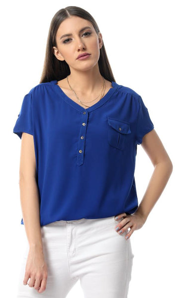 54412 Royal Blue Fluffy Short Sleeve Buttons-Up Shirt - Ravin 