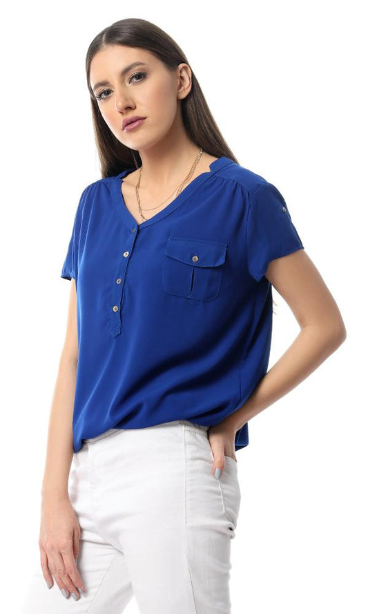 54412 Royal Blue Fluffy Short Sleeve Buttons-Up Shirt - Ravin 