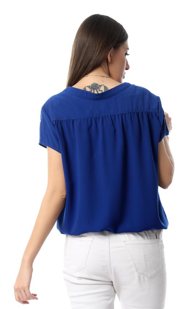 54412 Royal Blue Fluffy Short Sleeve Buttons-Up Shirt - Ravin 