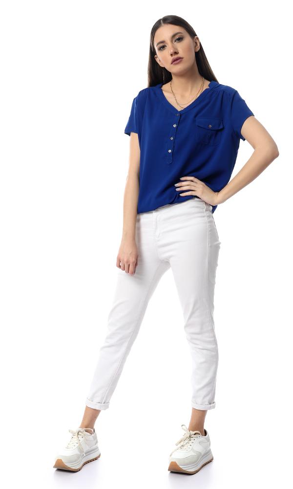 54412 Royal Blue Fluffy Short Sleeve Buttons-Up Shirt - Ravin 