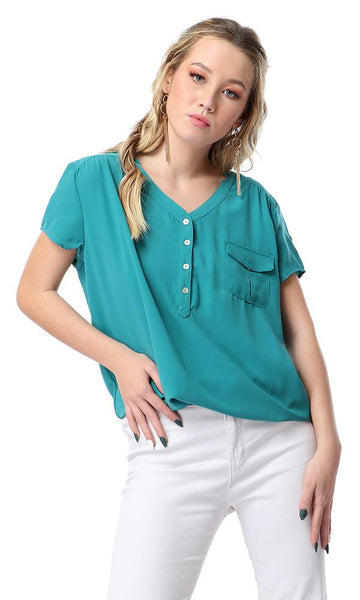 54413 V-Neck Short Sleeves Blouse With Elastic Trim - Sea Green - Ravin 