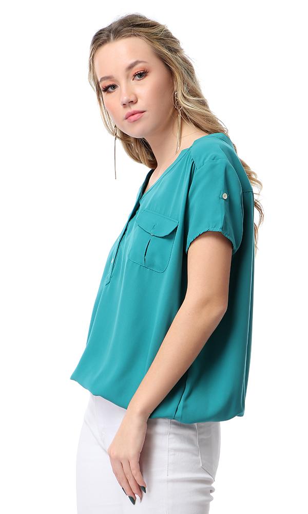 54413 V-Neck Short Sleeves Blouse With Elastic Trim - Sea Green - Ravin 