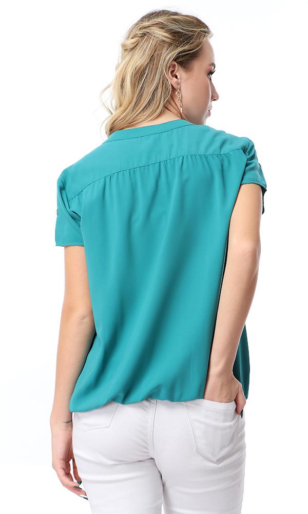 54413 V-Neck Short Sleeves Blouse With Elastic Trim - Sea Green - Ravin 