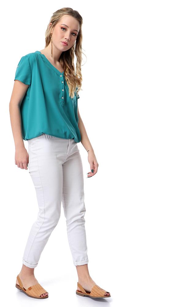 54413 V-Neck Short Sleeves Blouse With Elastic Trim - Sea Green - Ravin 