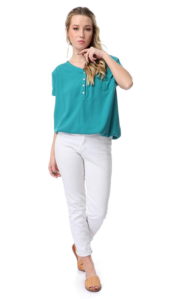 54413 V-Neck Short Sleeves Blouse With Elastic Trim - Sea Green - Ravin 