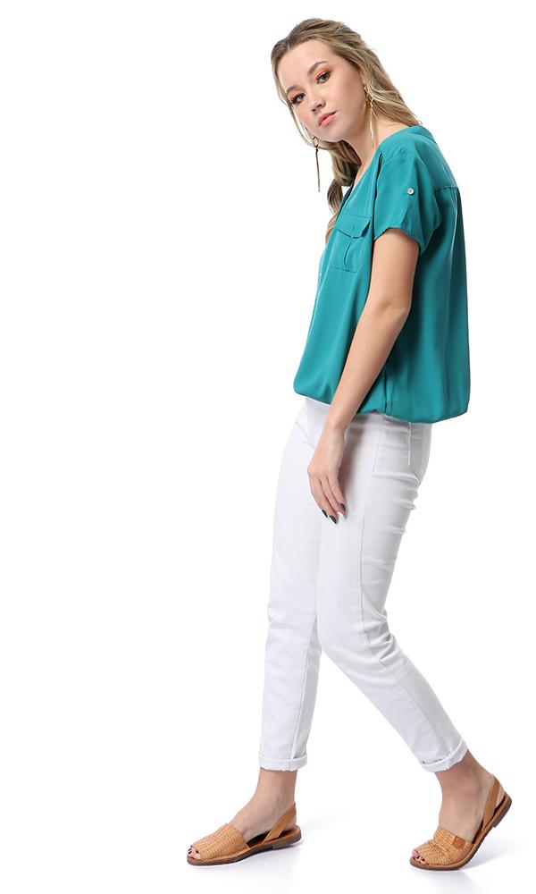 54413 V-Neck Short Sleeves Blouse With Elastic Trim - Sea Green - Ravin 