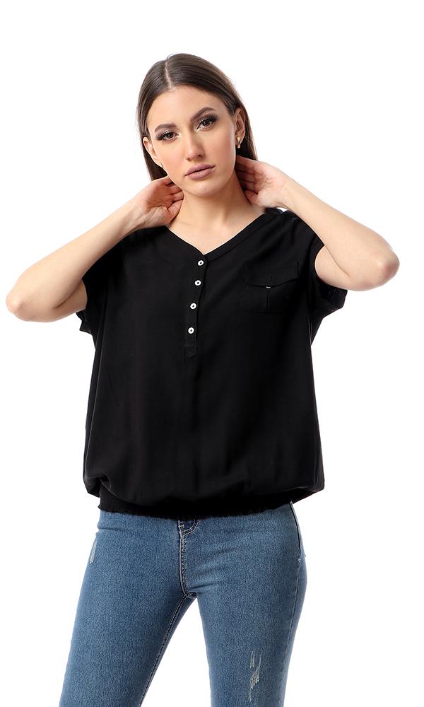 54414 Deep V-Neck Black Shirt With Hem - Ravin 