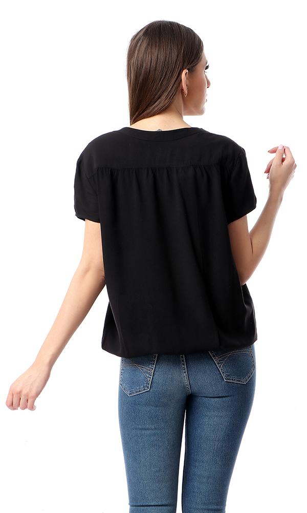 54414 Deep V-Neck Black Shirt With Hem - Ravin 