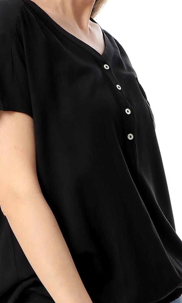 54414 Deep V-Neck Black Shirt With Hem - Ravin 