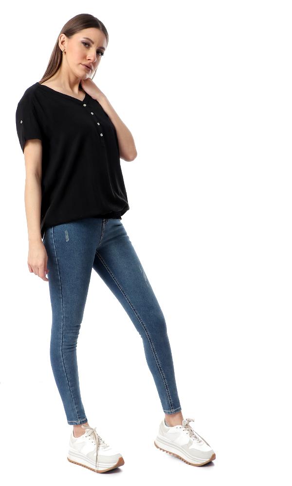 54414 Deep V-Neck Black Shirt With Hem - Ravin 