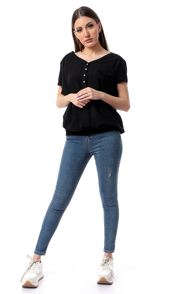54414 Deep V-Neck Black Shirt With Hem - Ravin 