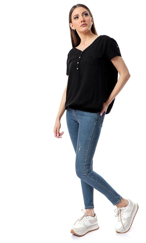 54414 Deep V-Neck Black Shirt With Hem - Ravin 