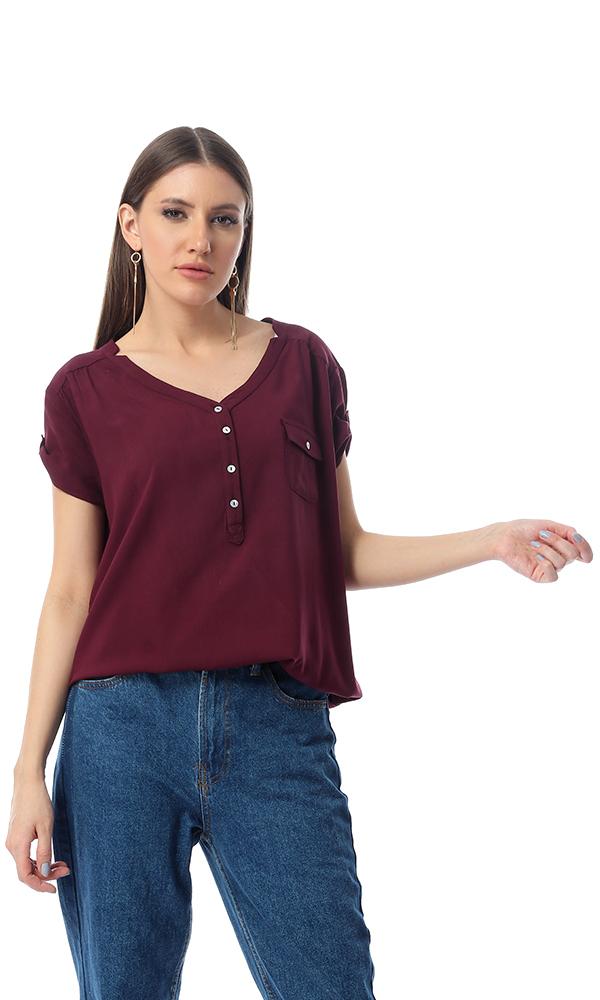 54415 Front Buttoned Pocket Solid Maroon Top With Hem - Ravin 