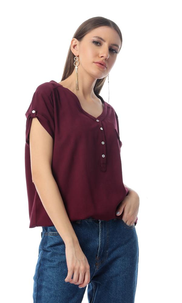 54415 Front Buttoned Pocket Solid Maroon Top With Hem - Ravin 