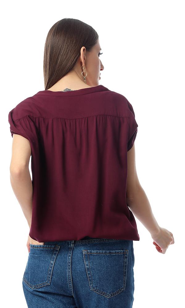 54415 Front Buttoned Pocket Solid Maroon Top With Hem - Ravin 