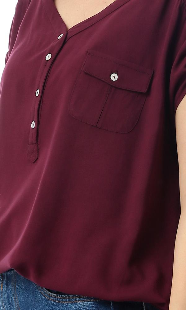 54415 Front Buttoned Pocket Solid Maroon Top With Hem - Ravin 