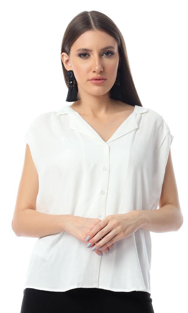 54421 Plain V-Neck Sleeveless Buttoned Off-White Shirt - Ravin 