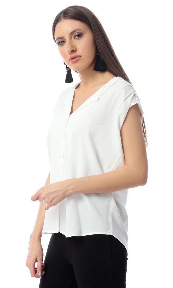 54421 Plain V-Neck Sleeveless Buttoned Off-White Shirt - Ravin 