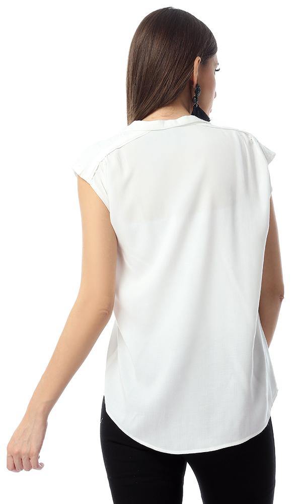 54421 Plain V-Neck Sleeveless Buttoned Off-White Shirt - Ravin 