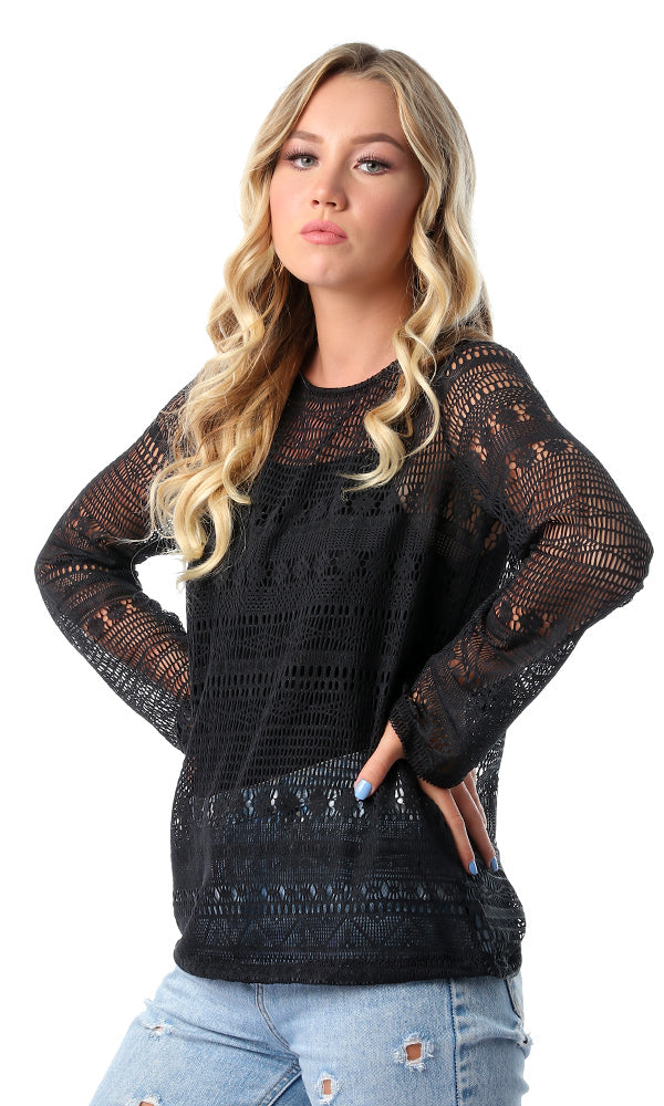 54478 Perforated Black Long Sleeves Round T-shirt