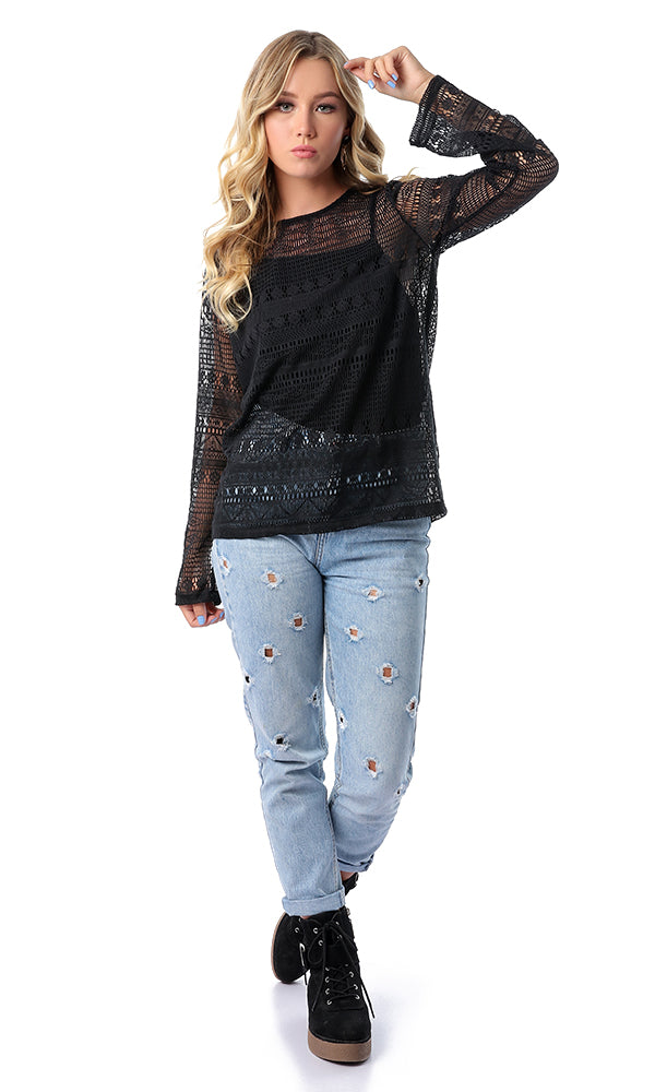 54478 Perforated Black Long Sleeves Round T-shirt