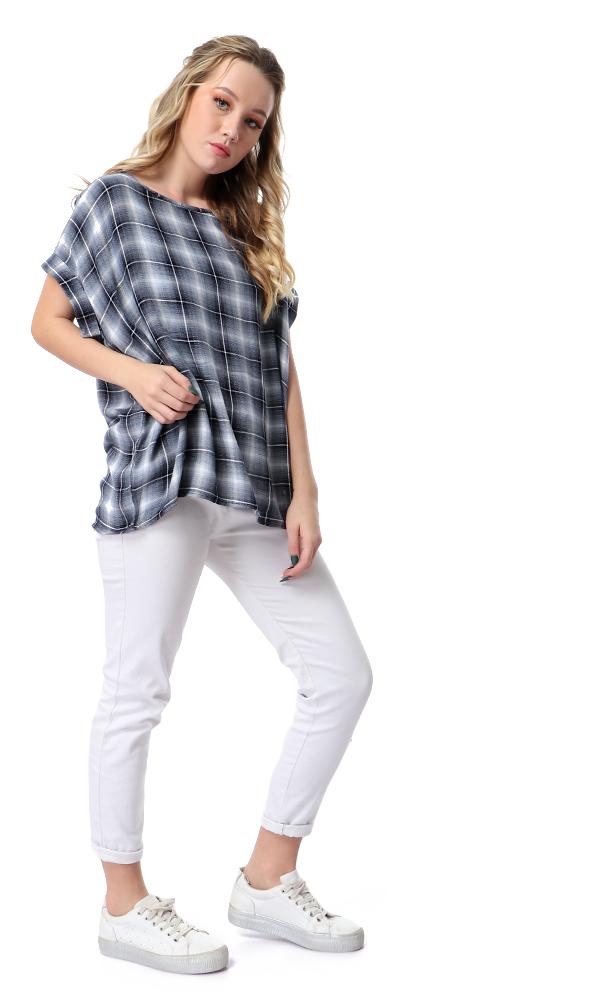 54511 Multi-Patterns Comfy Loose Dark Steel Blue Blouse - Ravin 
