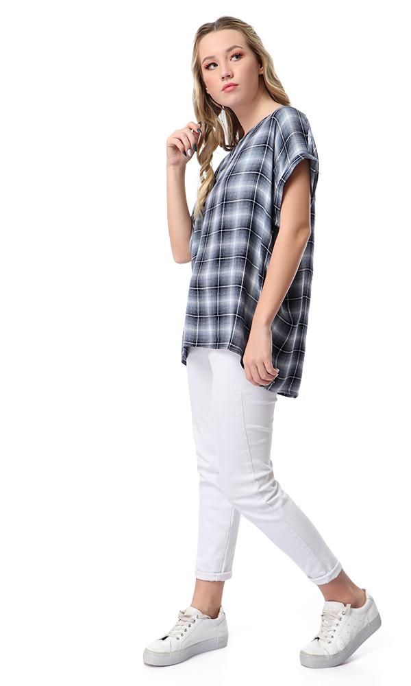 54511 Multi-Patterns Comfy Loose Dark Steel Blue Blouse - Ravin 
