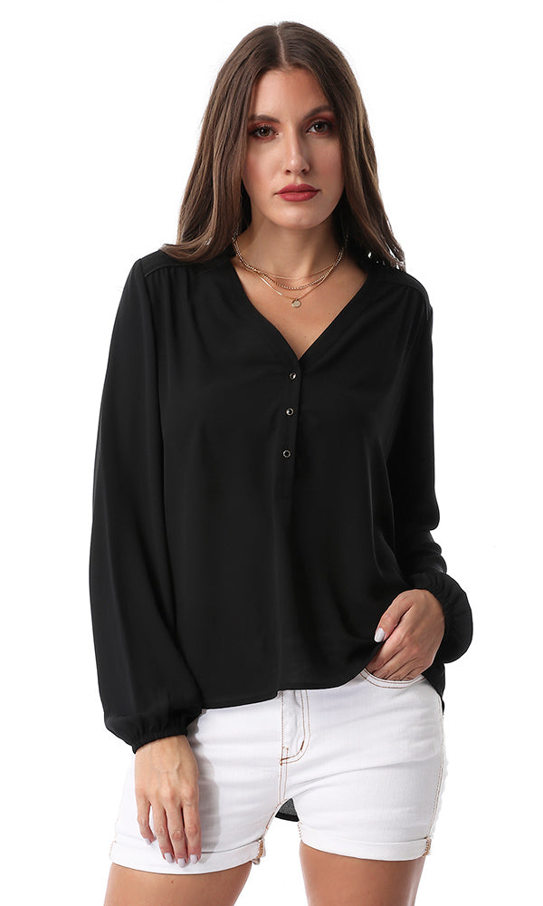 54513 Black Button Chiffon Solid Shirt