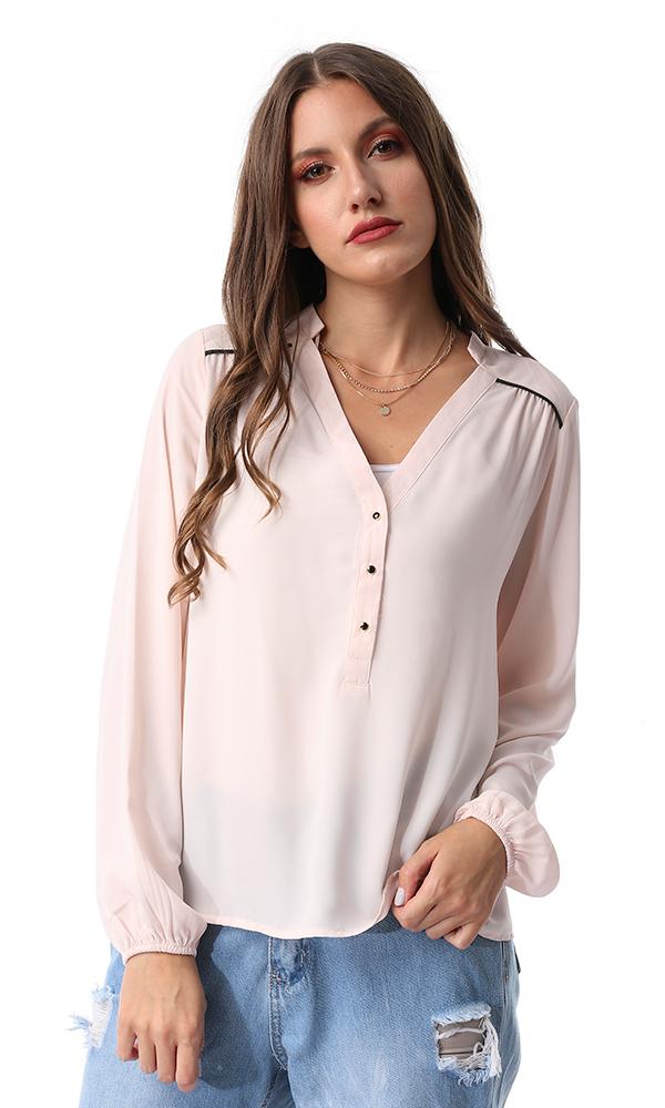 54514 Soft Chiffon Buttoned Neck Shirt Bisque - Ravin 