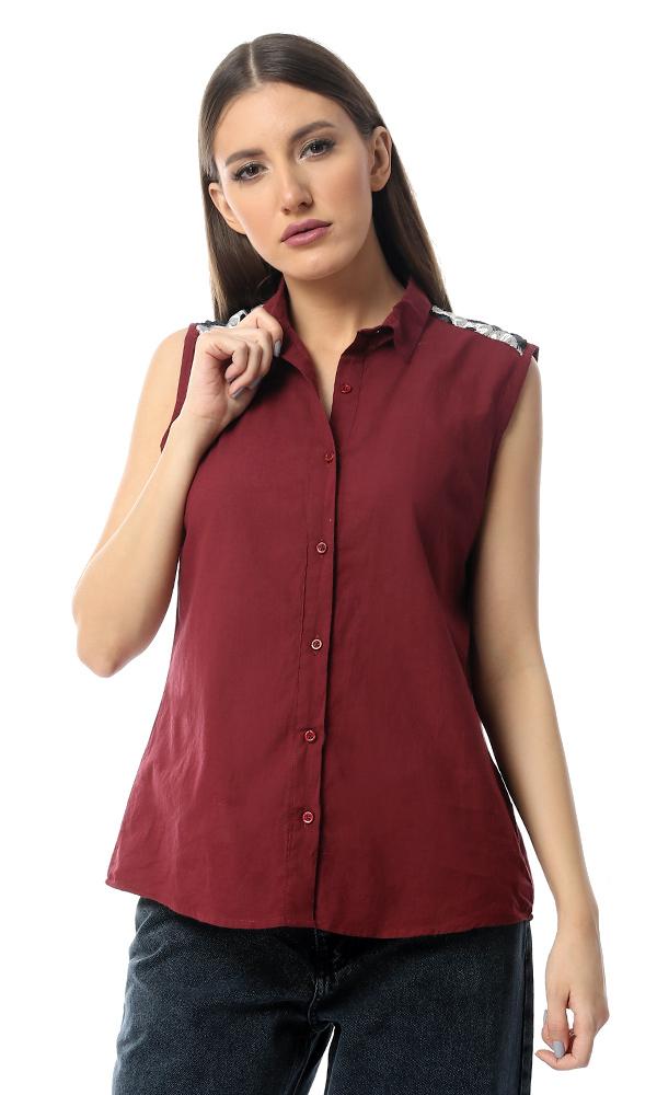 54518 Back Decorative Crochet Burgundy Sleeveless Shirt - Ravin 