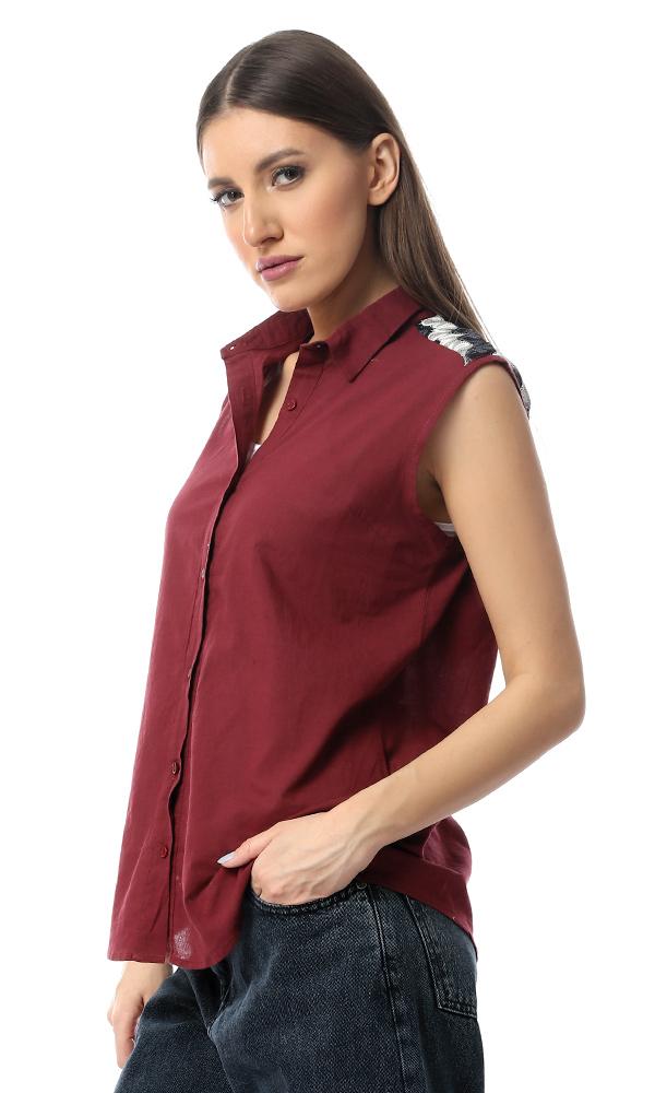 54518 Back Decorative Crochet Burgundy Sleeveless Shirt - Ravin 