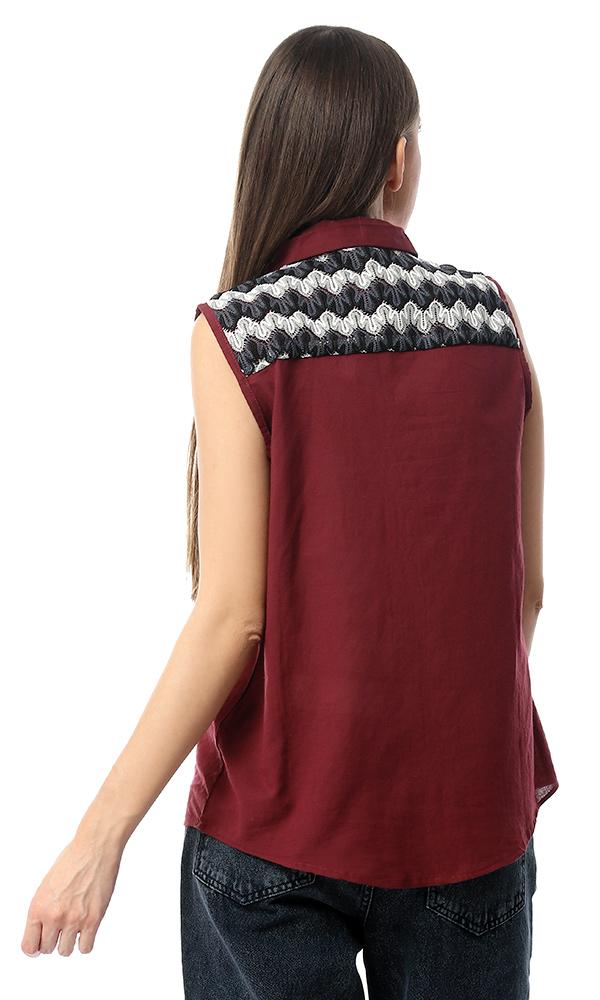 54518 Back Decorative Crochet Burgundy Sleeveless Shirt - Ravin 