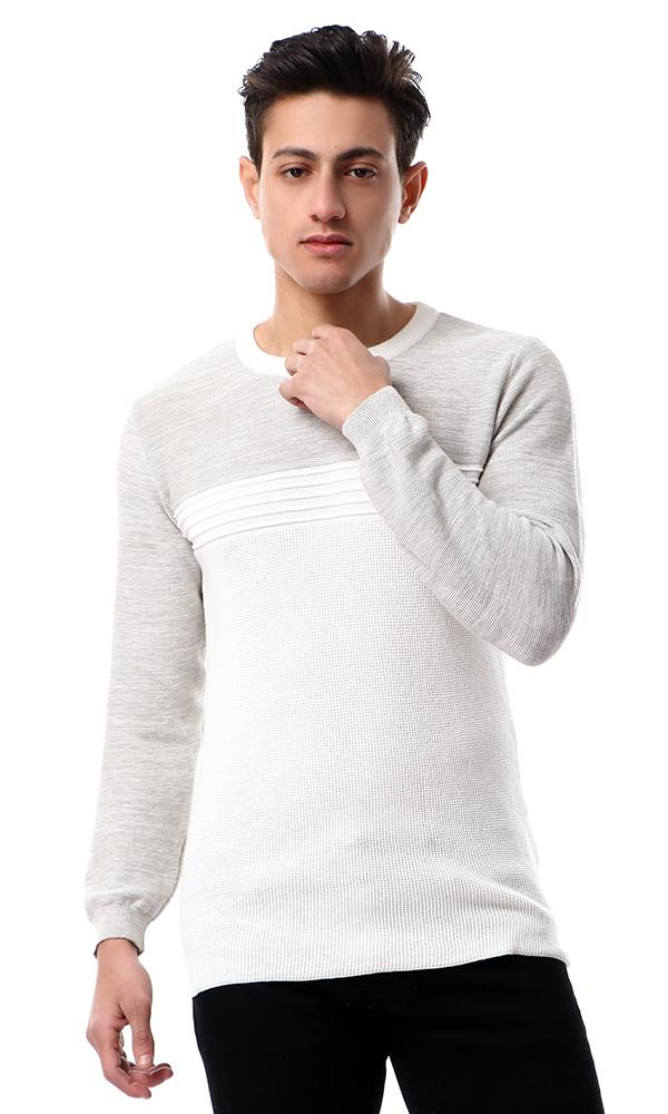 55017 Bi-Tone Round Neck Knitted Pullover - Heather Grey & Off-White - Ravin 