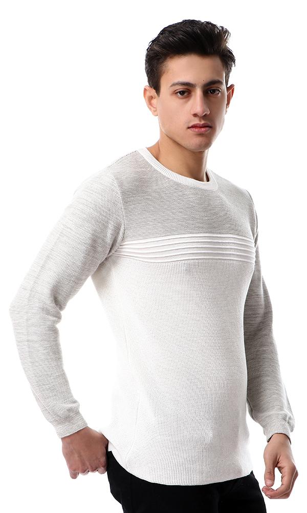 55017 Bi-Tone Round Neck Knitted Pullover - Heather Grey & Off-White - Ravin 