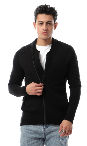 55047 Knitted Front Zipper Black Sweater - Ravin 