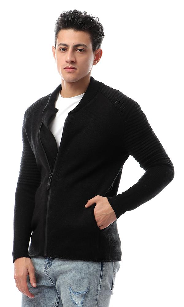 55047 Knitted Front Zipper Black Sweater - Ravin 