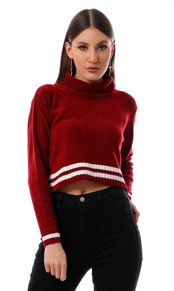 55082 Dark Red Turtle Neck Long Sleeves Cropped Pullover - Ravin 