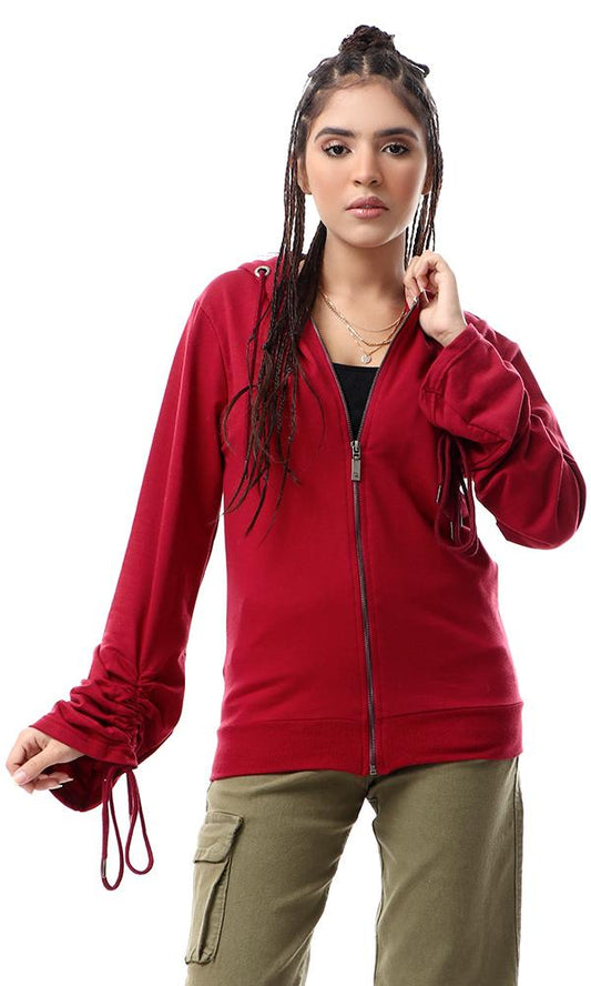 55131 Trendy Drawstring Sleeves Burgundy Solid Sweatshirt - Ravin 