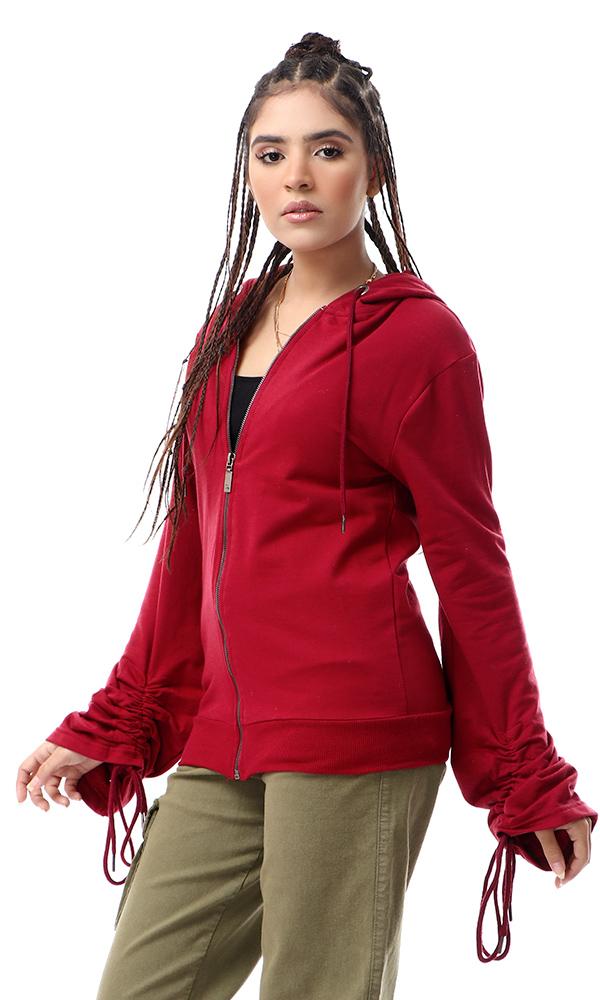 55131 Trendy Drawstring Sleeves Burgundy Solid Sweatshirt - Ravin 