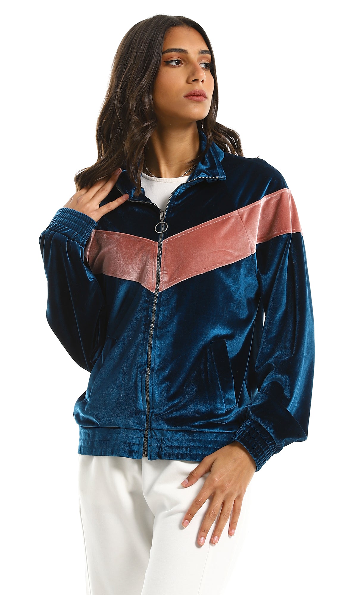 55170 Side Pockets Velvet Zipped Sweatshirt - Teal Blue & Nude