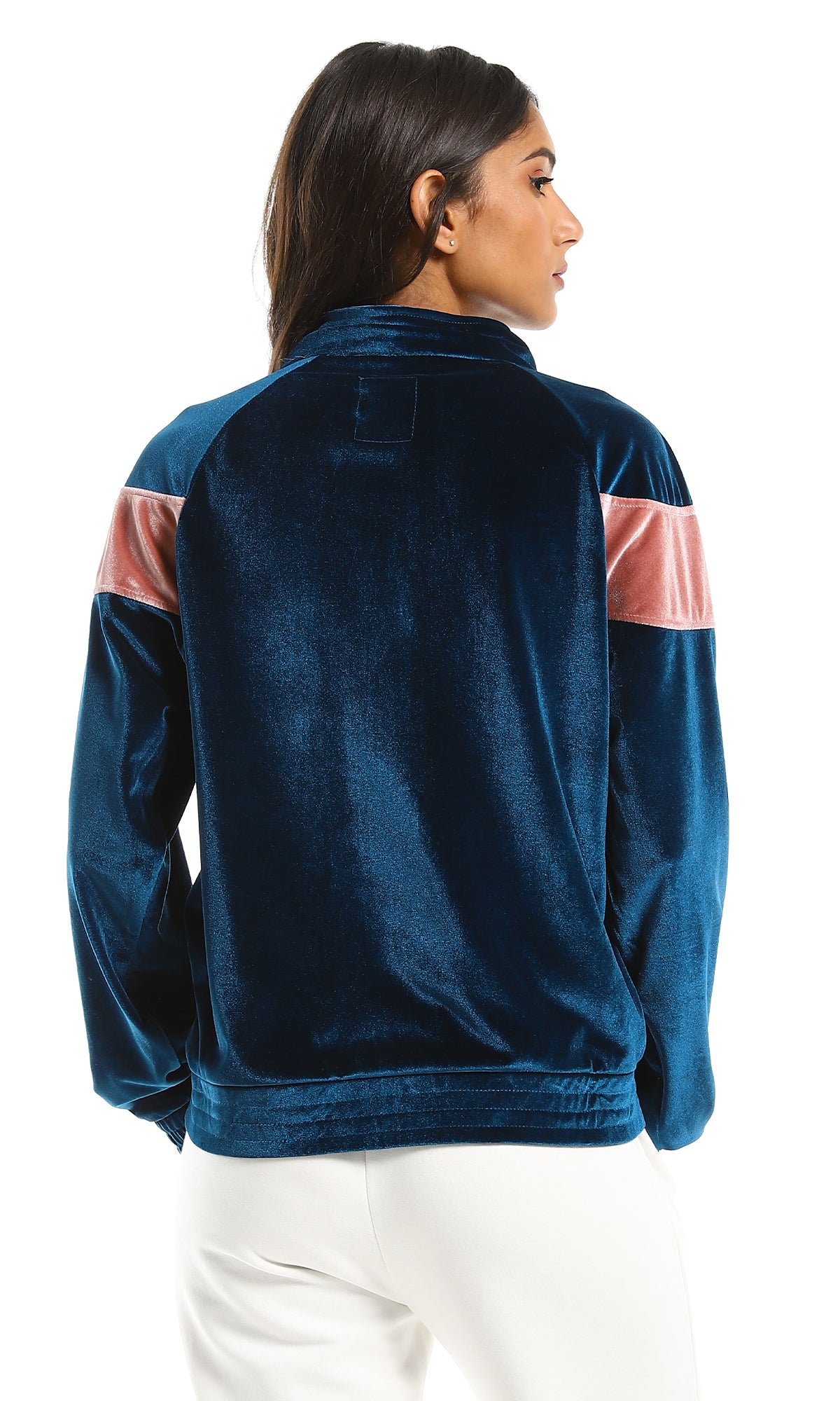 55170 Side Pockets Velvet Zipped Sweatshirt - Teal Blue & Nude