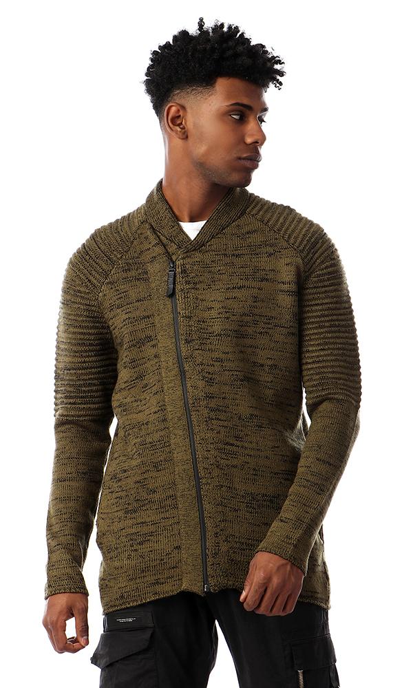 55289 Zipped Full Sleeves Knitted Sweater - Heather Olive - Ravin 