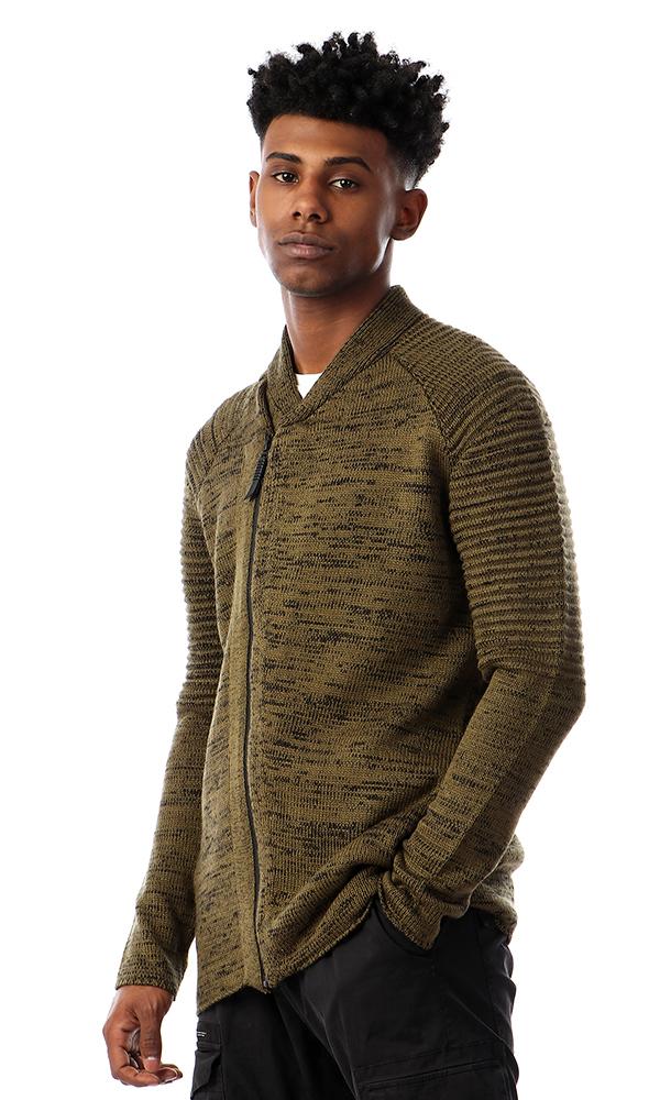 55289 Zipped Full Sleeves Knitted Sweater - Heather Olive - Ravin 