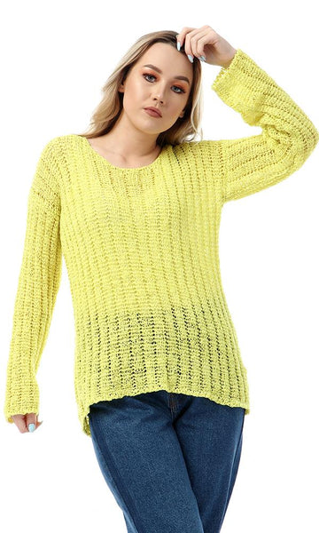 55325 Round Knitted Yellow Full Sleeves Pullover - Ravin 