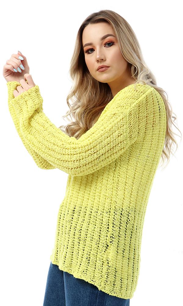 55325 Round Knitted Yellow Full Sleeves Pullover - Ravin 