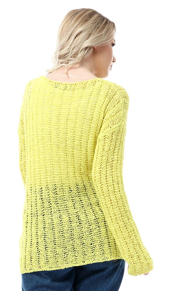 55325 Round Knitted Yellow Full Sleeves Pullover - Ravin 