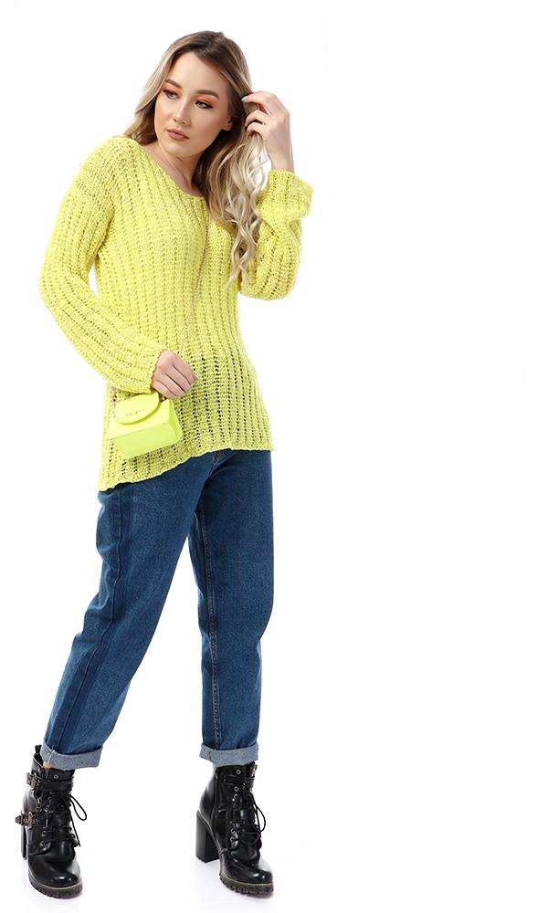 55325 Round Knitted Yellow Full Sleeves Pullover - Ravin 