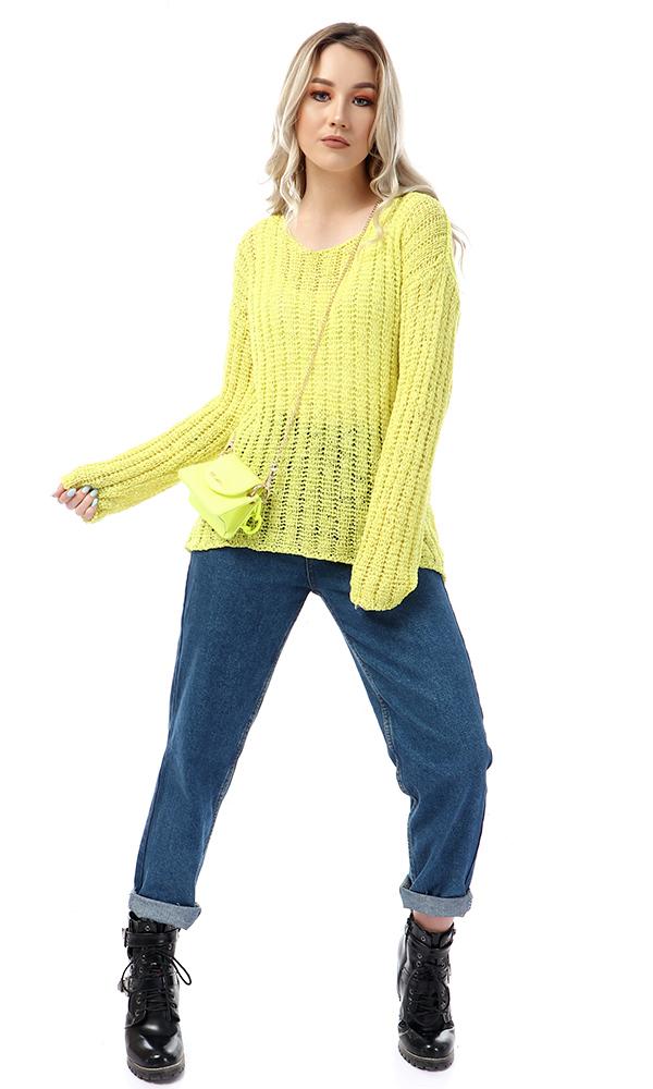 55325 Round Knitted Yellow Full Sleeves Pullover - Ravin 