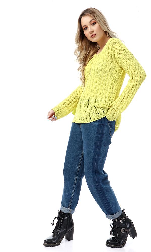 55325 Round Knitted Yellow Full Sleeves Pullover - Ravin 