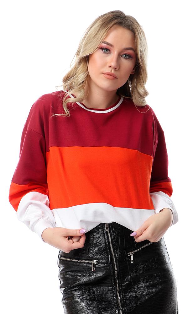 55359 Tri-tone Long Sleeves Oversized Sweatshirt - Burgundy , Orange & White - Ravin 